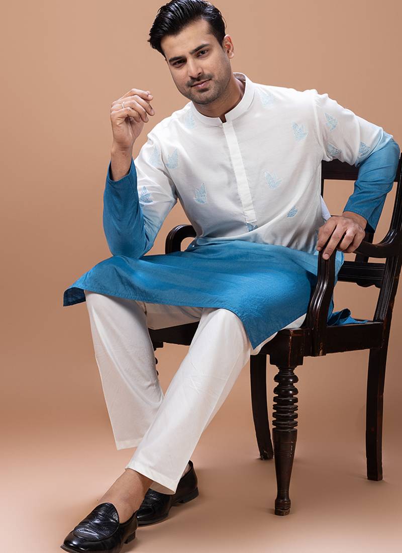 White blue shaded boota embroidered cotton silk kurta set