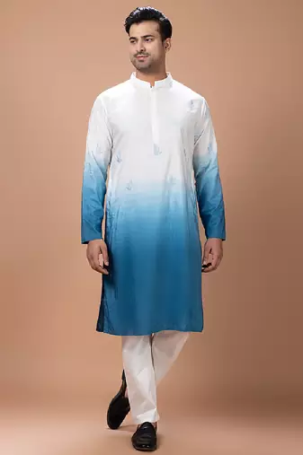 White blue shaded boota embroidered cotton silk kurta set