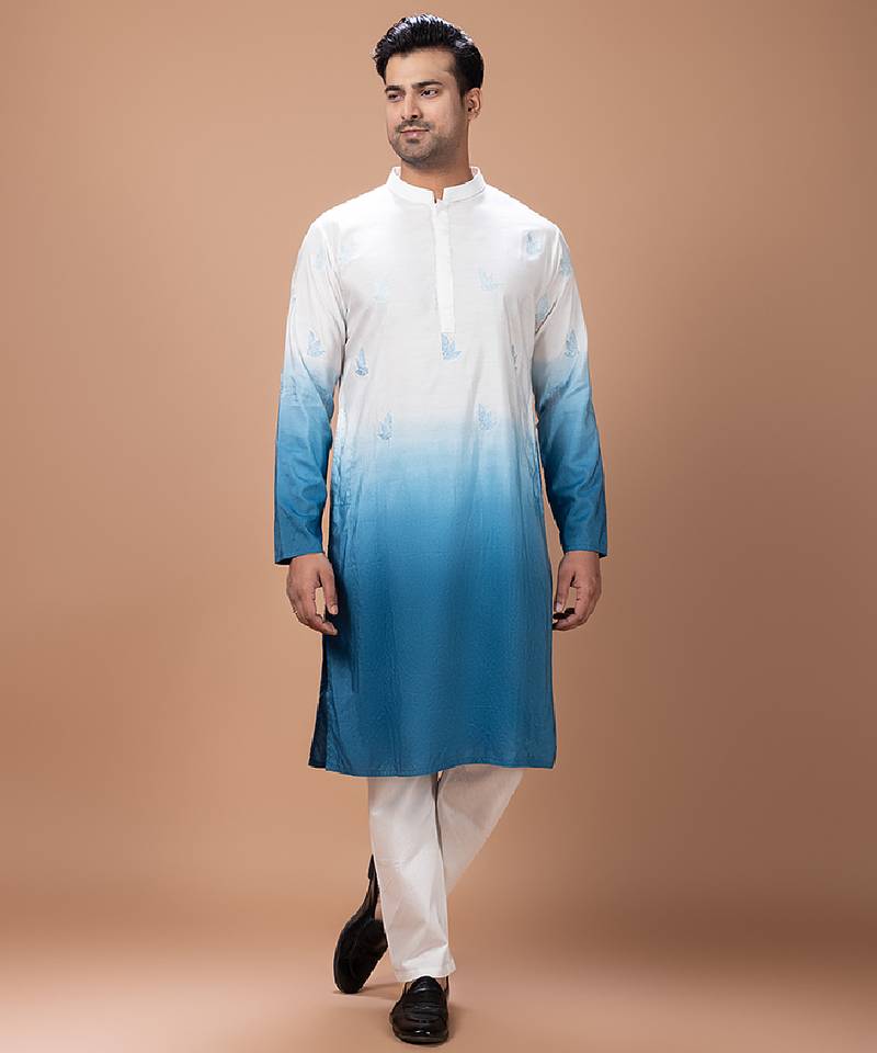 White blue shaded boota embroidered cotton silk kurta set