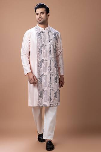 Powder pink embroidered cotton silk kurta set