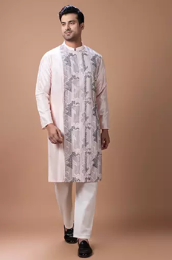 Powder pink embroidered cotton silk kurta set