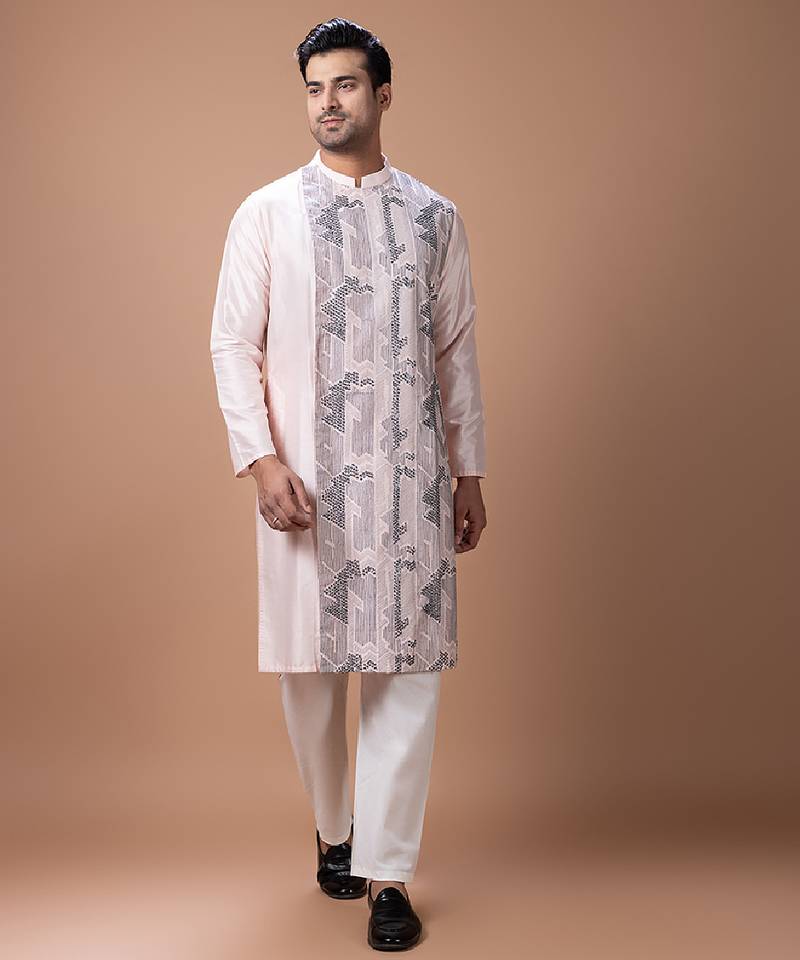 Powder pink embroidered cotton silk kurta set