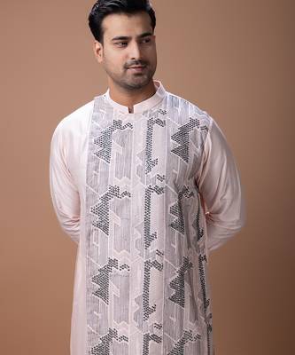 Powder pink embroidered cotton silk kurta set 2