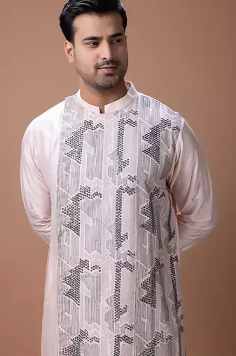 Powder pink embroidered cotton silk kurta set