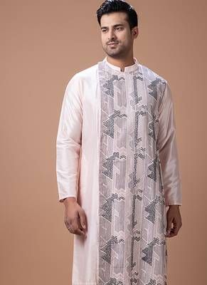 Powder pink embroidered cotton silk kurta set 5