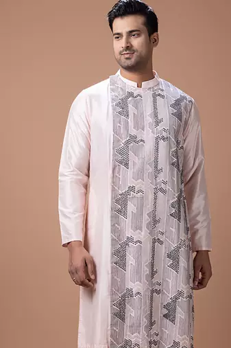Powder pink embroidered cotton silk kurta set