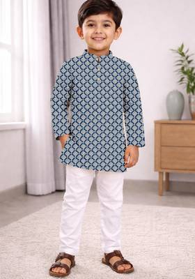 Blue cotton thread embroidery work kid's kurta pyjama 1