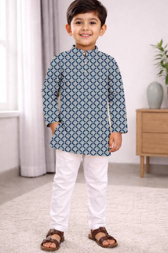Blue cotton thread embroidery work kid's kurta pyjama