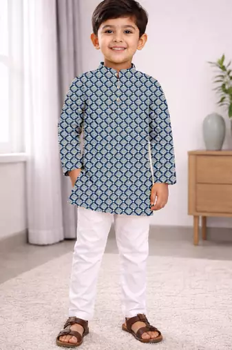Blue cotton thread embroidery work kid's kurta pyjama