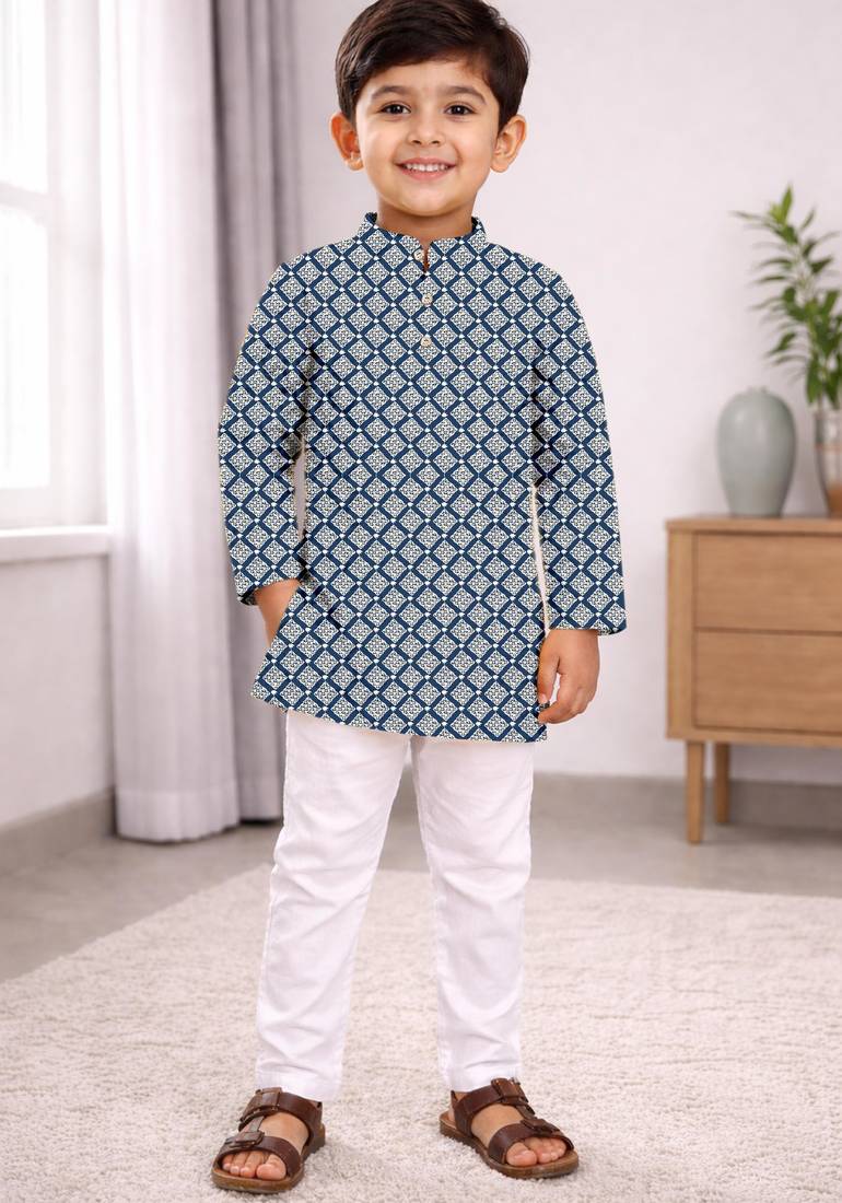 Blue cotton thread embroidery work kid's kurta pyjama