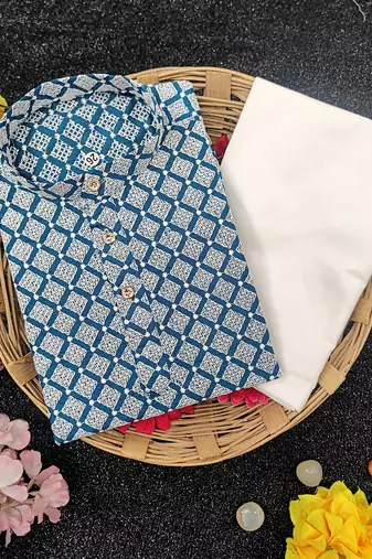 Blue cotton thread embroidery work kid's kurta pyjama