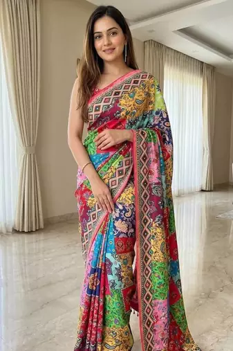 New Roman Silk With 3D position Print And Real Mirror work Women's Saree With Blouse Set
