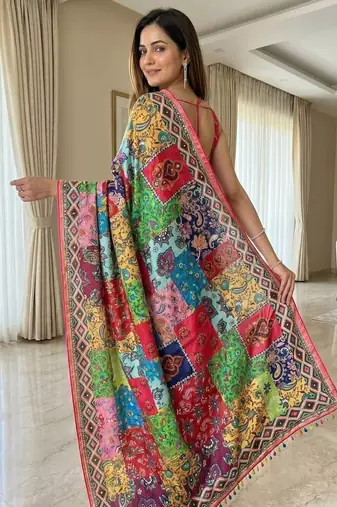 New Roman Silk With 3D position Print And Real Mirror work Women's Saree With Blouse Set