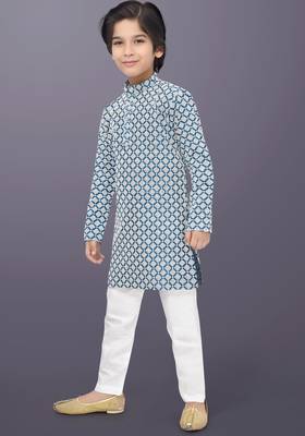 Blue cotton thread embroidery work kid's kurta pyjama 3