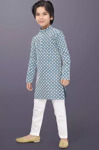 Blue cotton thread embroidery work kid's kurta pyjama