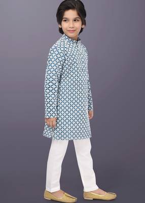 Blue cotton thread embroidery work kid's kurta pyjama 4