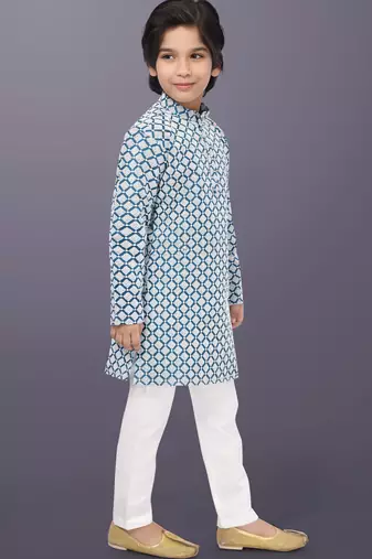 Blue cotton thread embroidery work kid's kurta pyjama