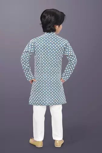 Blue cotton thread embroidery work kid's kurta pyjama