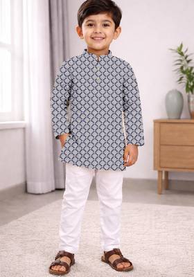 Grey cotton thread embroidery work kid's kurta pyjama 1