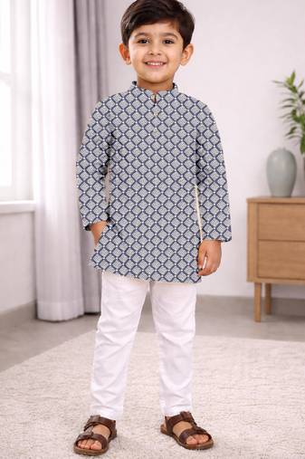 Grey cotton thread embroidery work kid's kurta pyjama