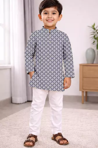 Grey cotton thread embroidery work kid's kurta pyjama