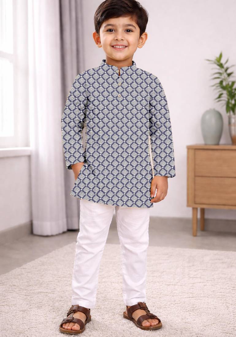 Grey cotton thread embroidery work kid's kurta pyjama