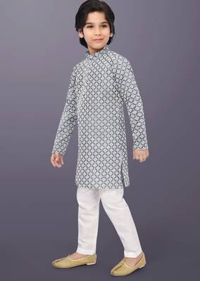 Grey cotton thread embroidery work kid's kurta pyjama 2
