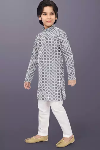 Grey cotton thread embroidery work kid's kurta pyjama