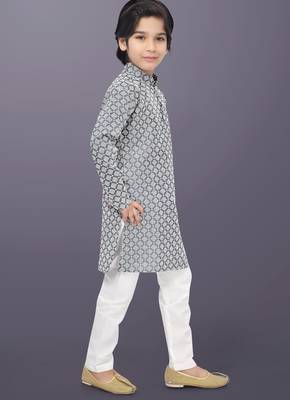 Grey cotton thread embroidery work kid's kurta pyjama 3
