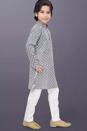 Grey cotton thread embroidery work kid's kurta pyjama