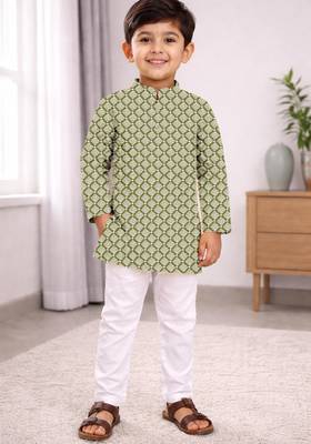 Olive cotton thread embroidery work kid's kurta pyjama 1