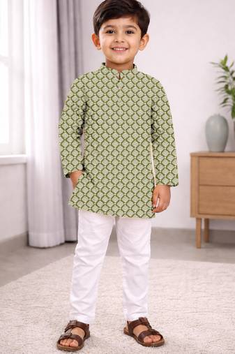 Olive cotton thread embroidery work kid's kurta pyjama