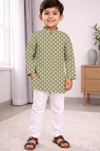 Olive cotton thread embroidery work kid's kurta pyjama