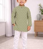Olive cotton thread embroidery work kid's kurta pyjama