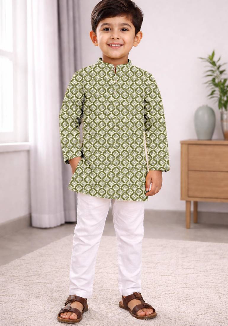 Olive cotton thread embroidery work kid's kurta pyjama