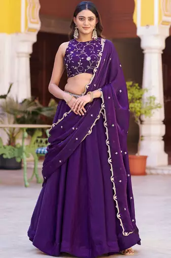 Stunning Purple Sequins Silk Festival Wear Lehenga Choli with Dupatta