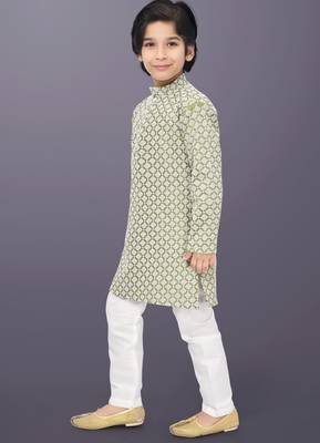 Olive cotton thread embroidery work kid's kurta pyjama 2