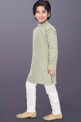 Olive cotton thread embroidery work kid's kurta pyjama