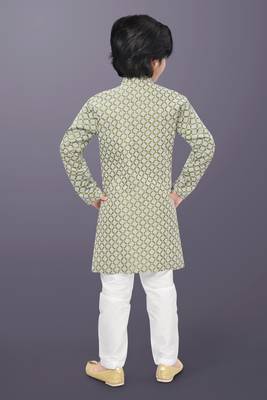 Olive cotton thread embroidery work kid's kurta pyjama 3