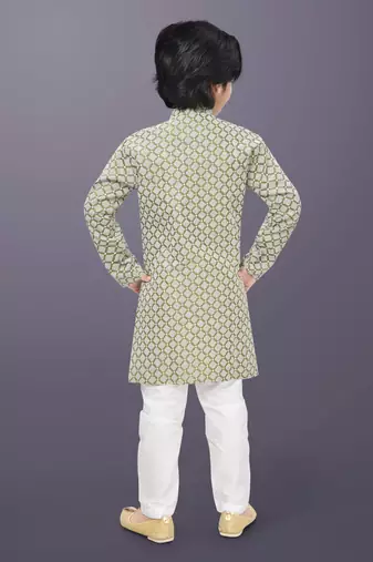 Olive cotton thread embroidery work kid's kurta pyjama