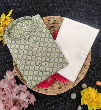 Olive cotton thread embroidery work kid's kurta pyjama 4