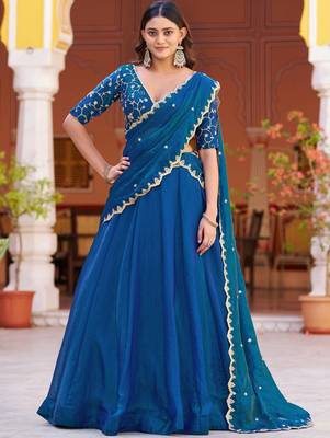 Glamorous Blue Sequins Art Silk Wedding Wear Lehenga Choli 1