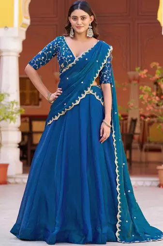 Glamorous Blue Sequins Art Silk Wedding Wear Lehenga Choli
