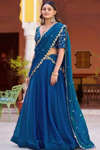 Glamorous Blue Sequins Art Silk Wedding Wear Lehenga Choli