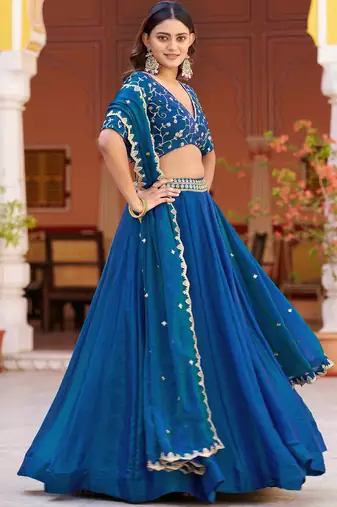 Glamorous Blue Sequins Art Silk Wedding Wear Lehenga Choli