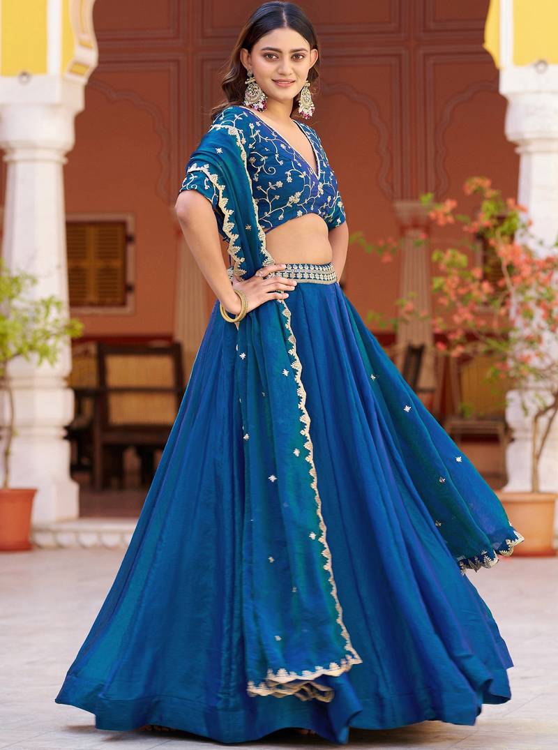 Glamorous Blue Sequins Art Silk Wedding Wear Lehenga Choli