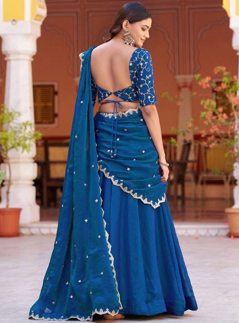Glamorous Blue Sequins Art Silk Wedding Wear Lehenga Choli