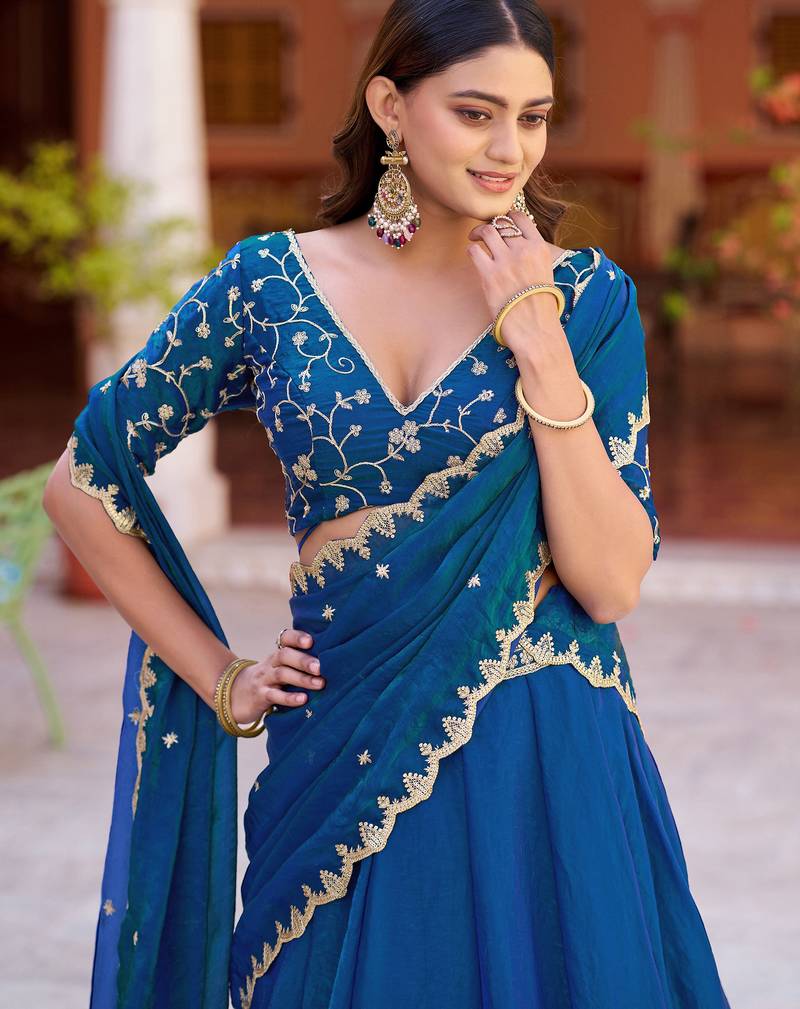 Glamorous Blue Sequins Art Silk Wedding Wear Lehenga Choli
