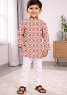 Peach cotton thread embroidery work kid's kurta pyjama 1