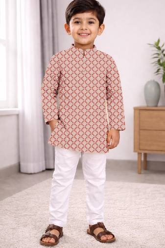 Peach cotton thread embroidery work kid's kurta pyjama